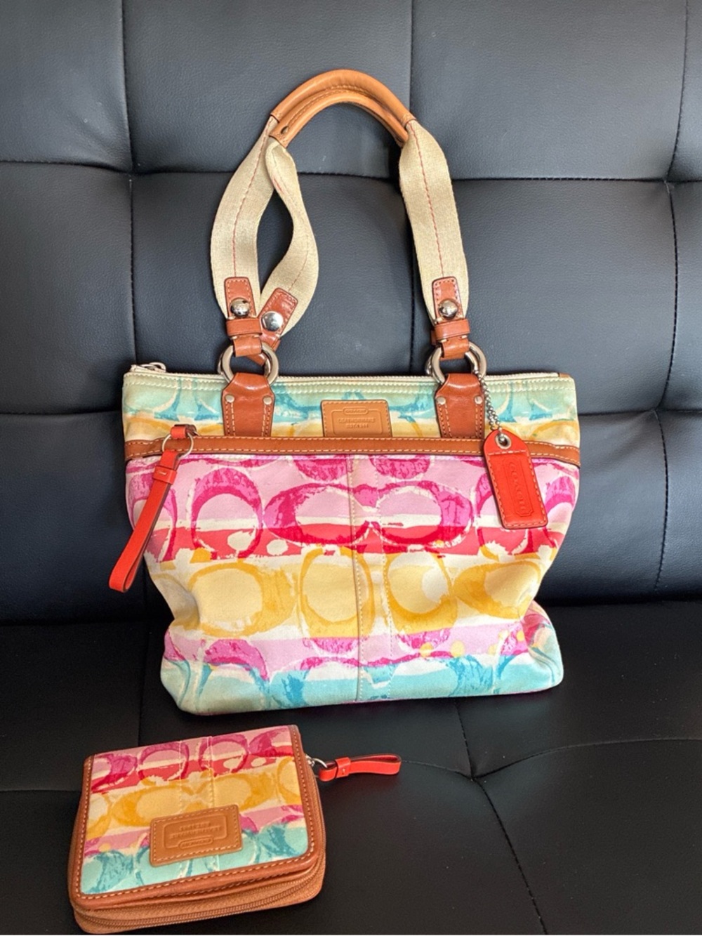 Coach Multicolor Hampton Weekend 11755 Scribble Tote with Matching Wallet